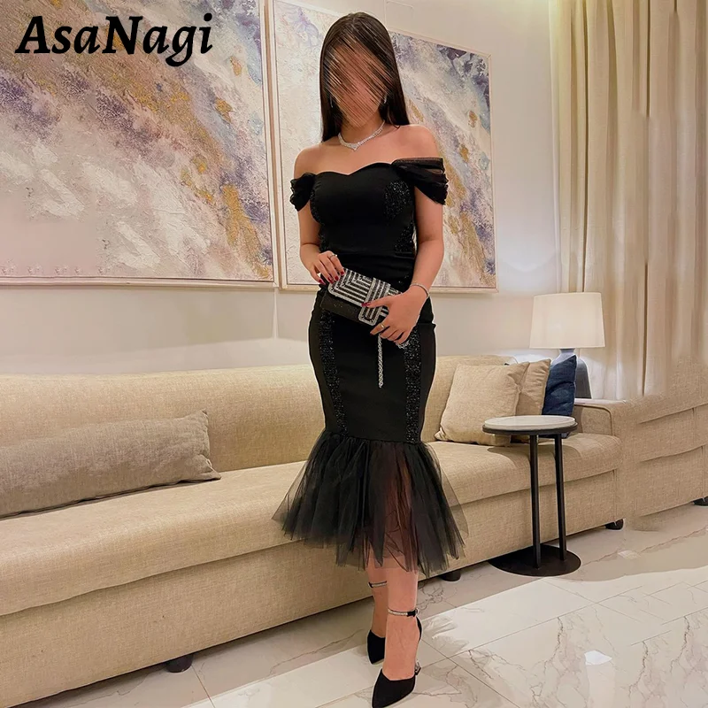 

AsaNagi Sexy Mermaid Prom Dress Women's Off Shoulder Tulle Party Evening Gown Beaded Pleated Tea Length Special Occasion Gowns