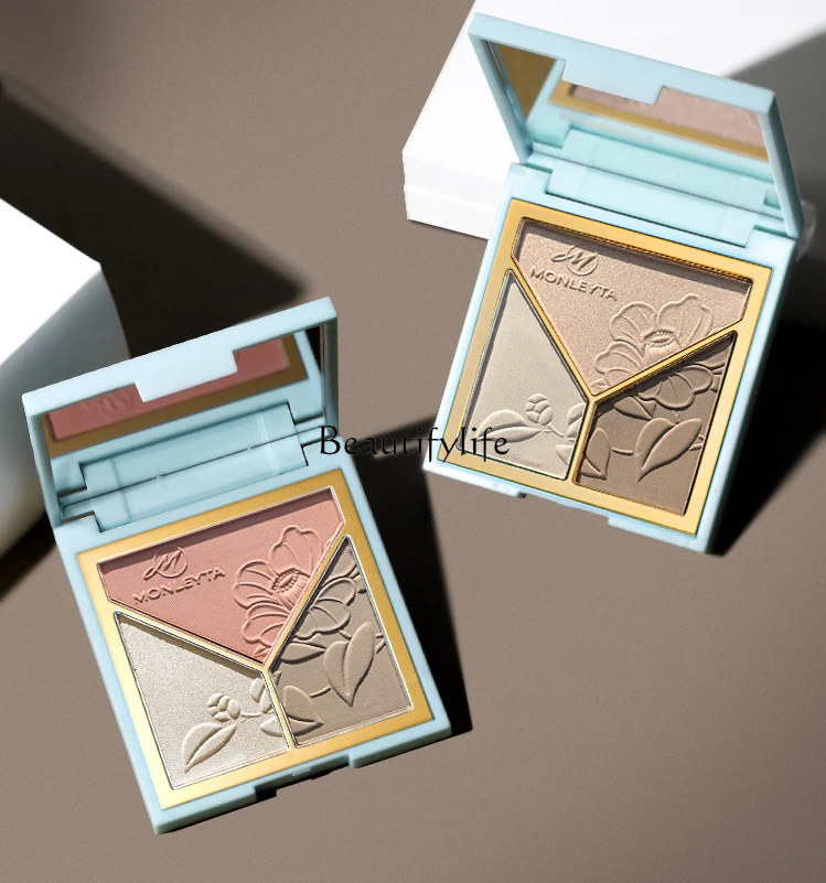 Three-in-One Highlight Contour Compact Blush, Face Repair, Nose Shadow, Brightening, Highlight, Matte Glitter