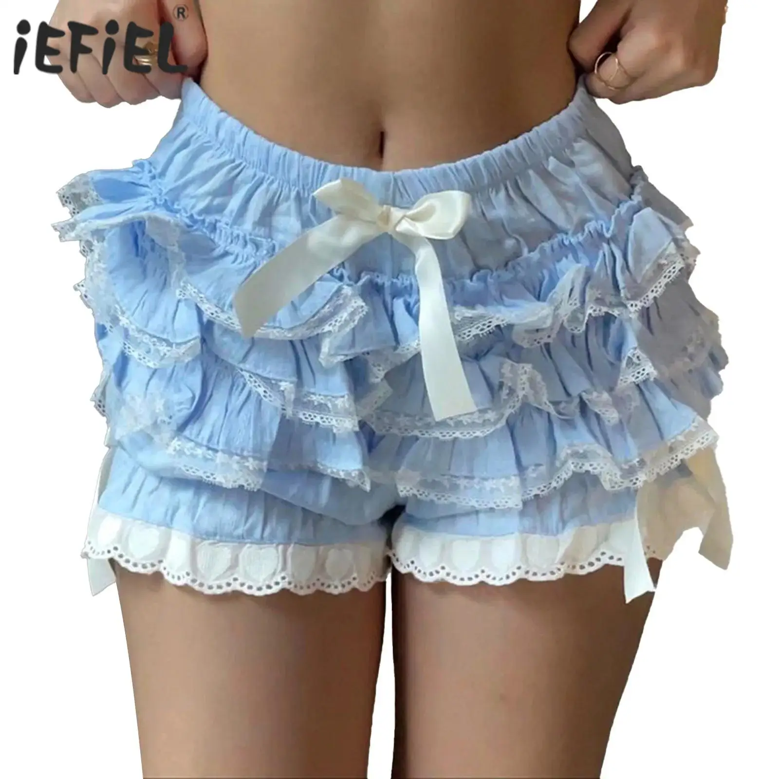 

Womens Bowknot Vintage Victorian Bloomers Shorts Elastic Waistband Lace Trim Tiered Ruffle Cute Shorts Theme Party Pajama Shorts