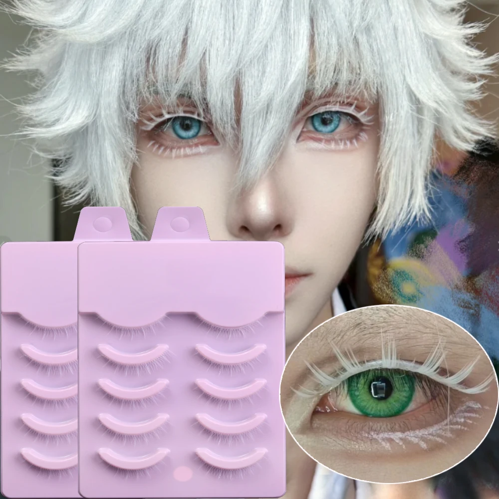 5 Paar Cosplay weiße Wimpern Make-up natürlich aussehende klare Wurzel weiß schwarz lange dicke Kreuz falsche Wimpern Augen Make-up-Tool