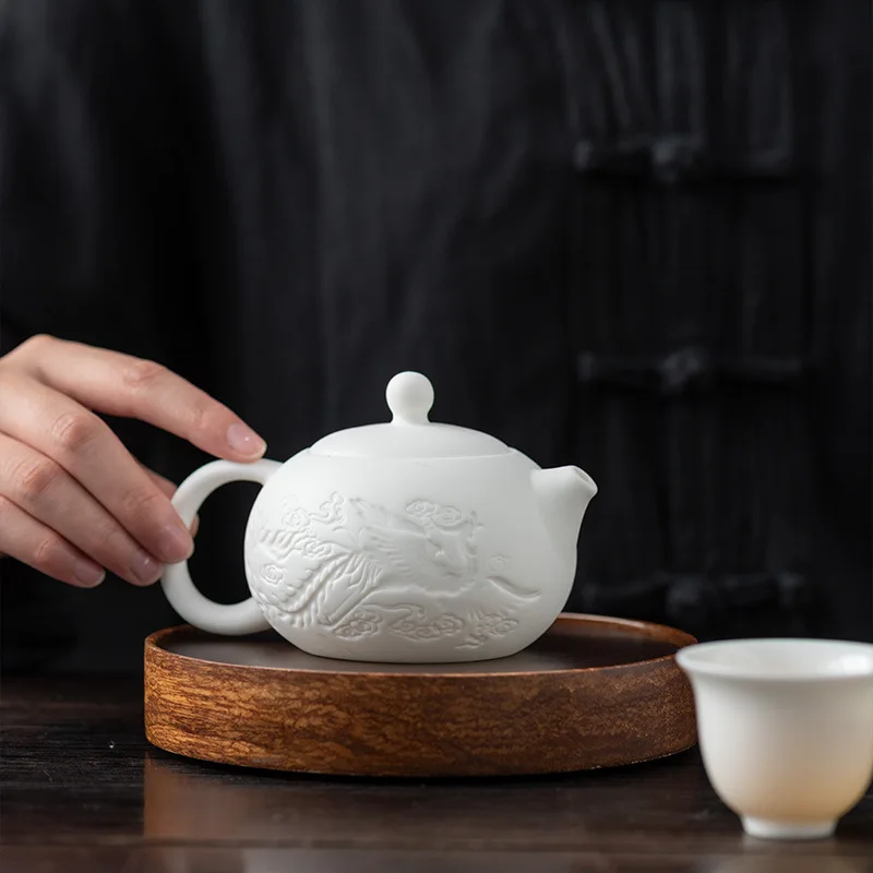 

260ML Dragon and Phoenix Teapot Embossed White porcelain Handmade Single pot with filter Ceramic Kung Fu Tea Brewer