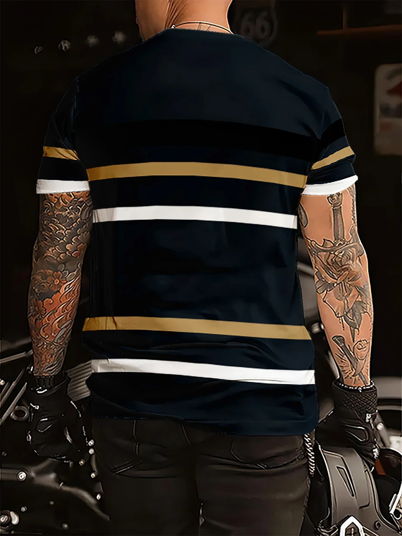 Gold White Contrast Striped T‑Shirt For Men Full Print Horizontal Stripe Casual Tops