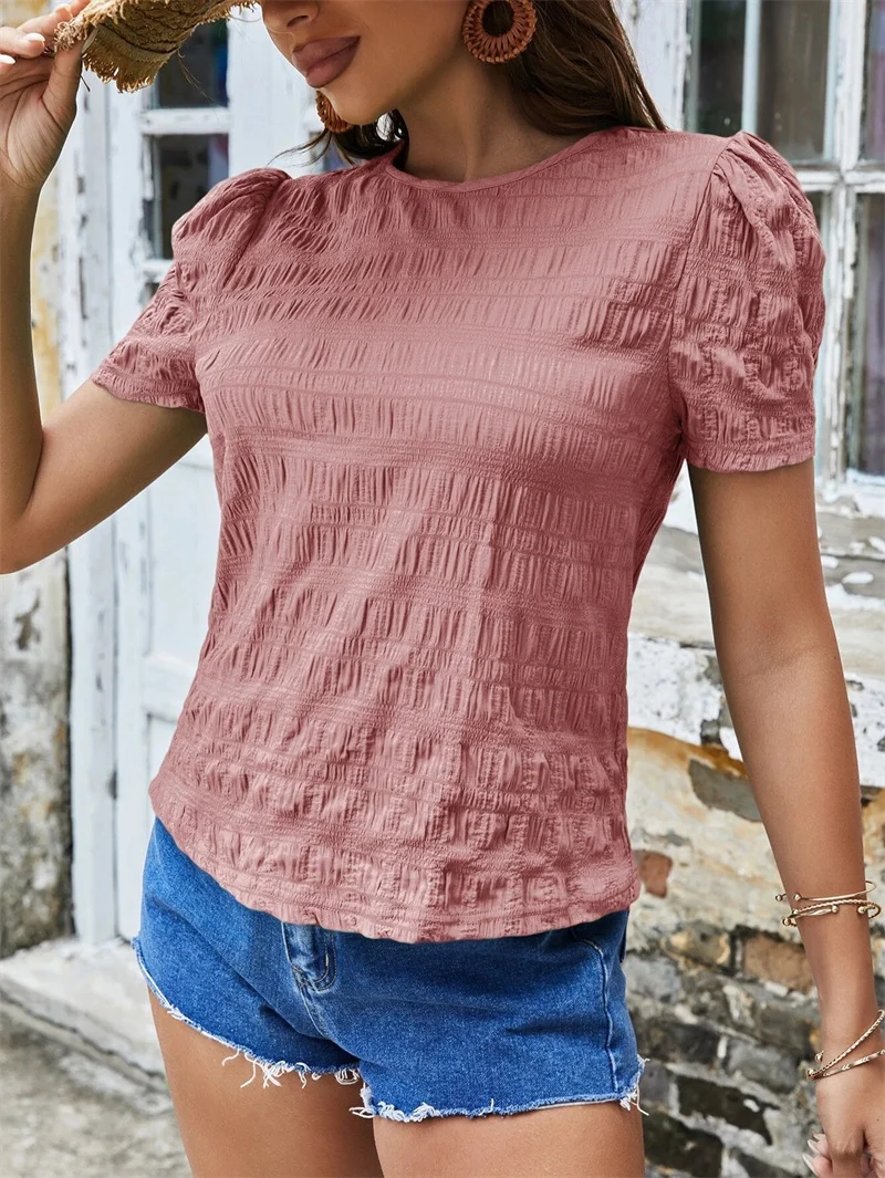 Elegante Blusa plisada a cuadros de Jacquard para mujer, jersey de cuello redondo, camisa de manga corta para mujer, Tops informales de calle para diario de verano