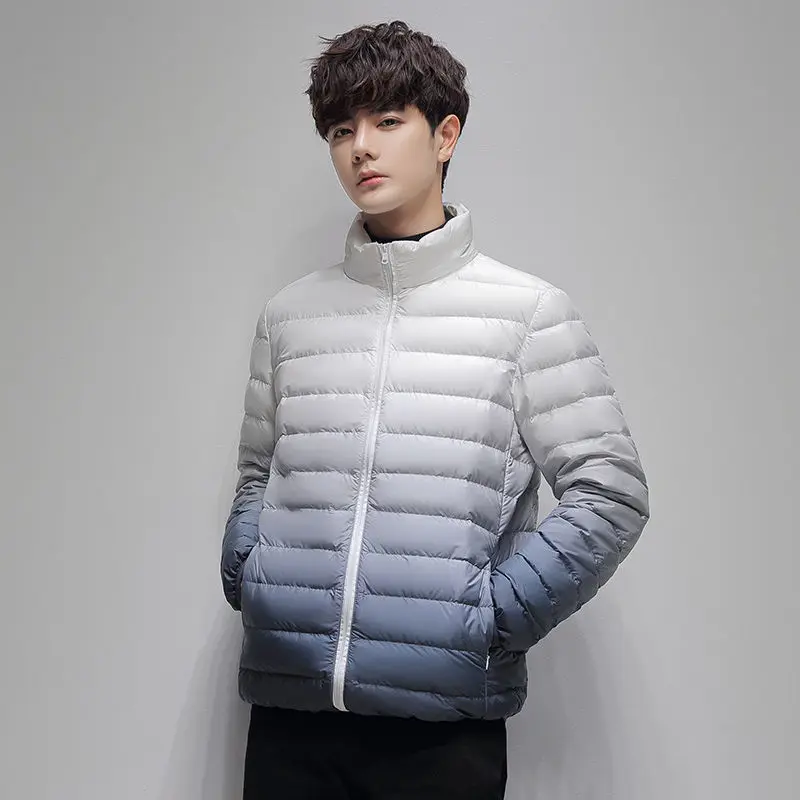 

Winter Men Coat Thicken Cold-proof Gradient Color Male Down Jacket Stand Collar Long Sleeve Zipper Lightweight Man Outerwear
