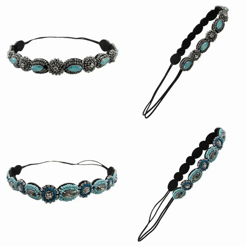 Vintage Turquoise Beaded Tiara with Elasticity Headbands Women Headwear Bohemian Rhinestone Hair Band Elastic Headbands