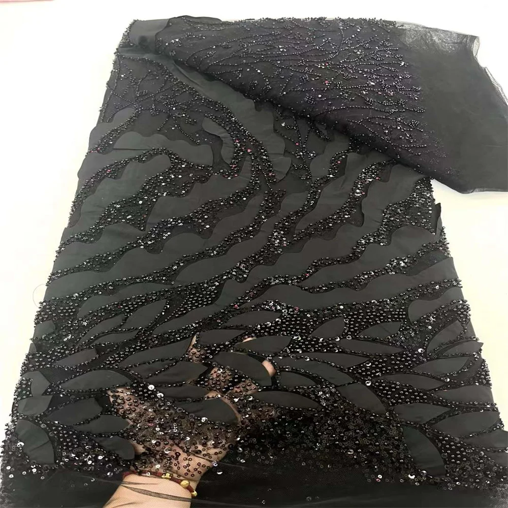 High Quality 3D African Lace Fabric 2024 French Net Sequins Fabric Sewing Dress Embroidery Beads Lace Tulle Nigerian Lace Fabric