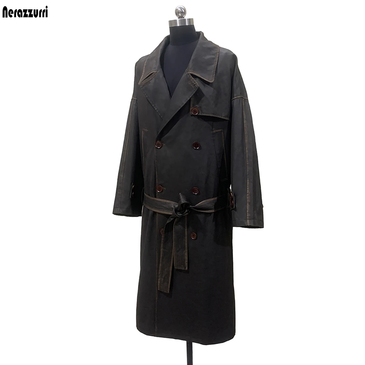 Nerazzurri Autumn Long Distressed Washed Hard Pu Leather Trench Coat for Women Low Waist Luxury American Vintage Clothes 2026