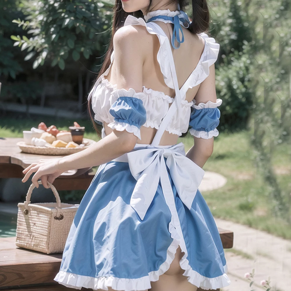 Lolita Maid Cosplay Costumes Cute Sweet Erotic Role Play Maid Servant Uniform Women Sexy Lingerie Set French Apron T Panties Set