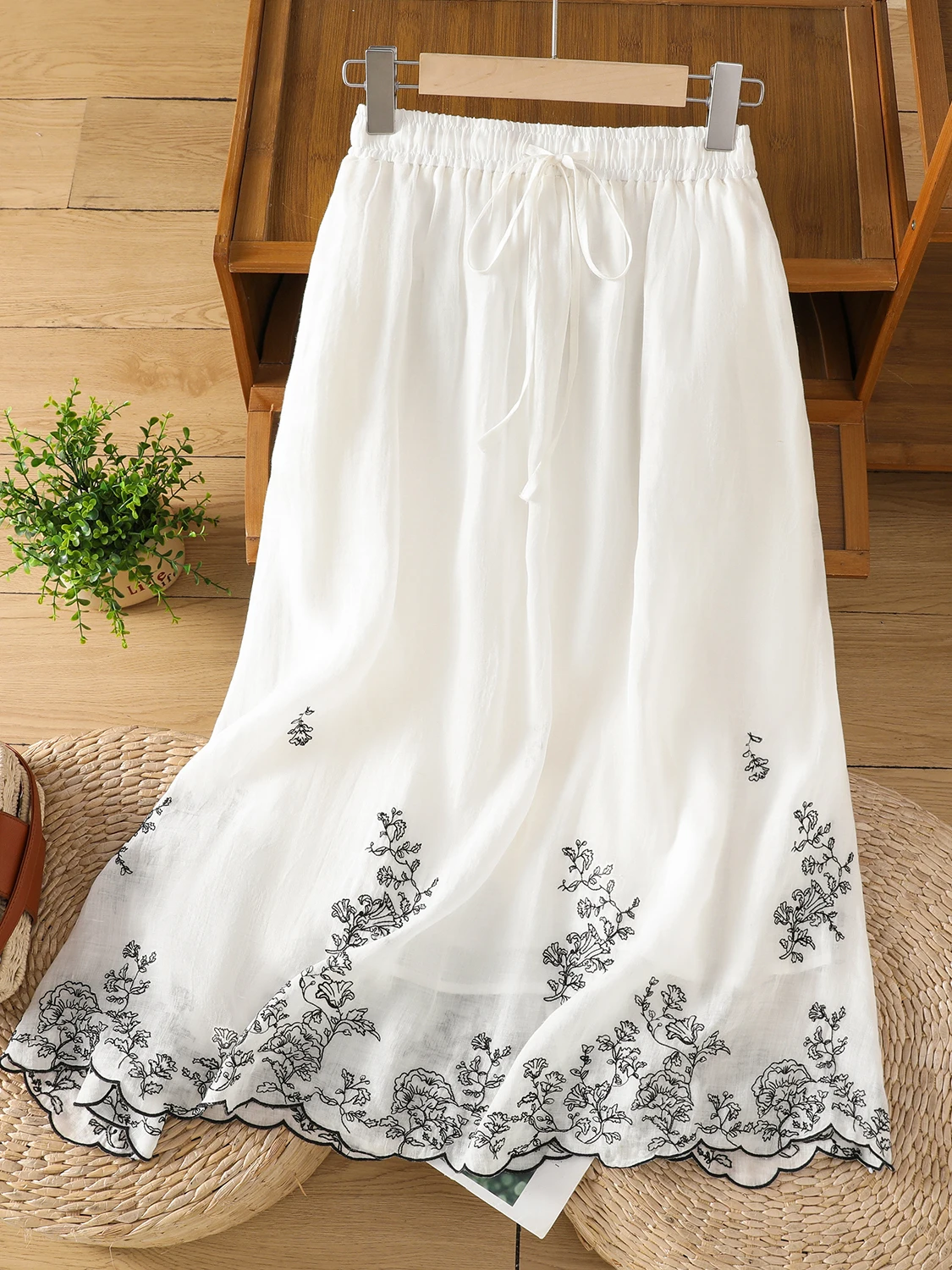 

Retro Heavy Embroidery Linen Skirt with Belt Elastic Waist Double Layer Versatile f Body Skirt for plus Size Women