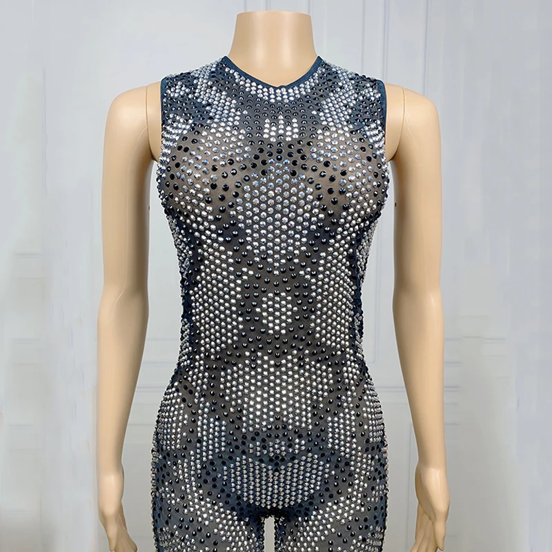 Błyszczące cyrkonie kombinezon bez rękawów Stretch odzież do tańca na rurze kobiety strój Rave Dj Ds Gogo kostium etap Clubwear XS6627