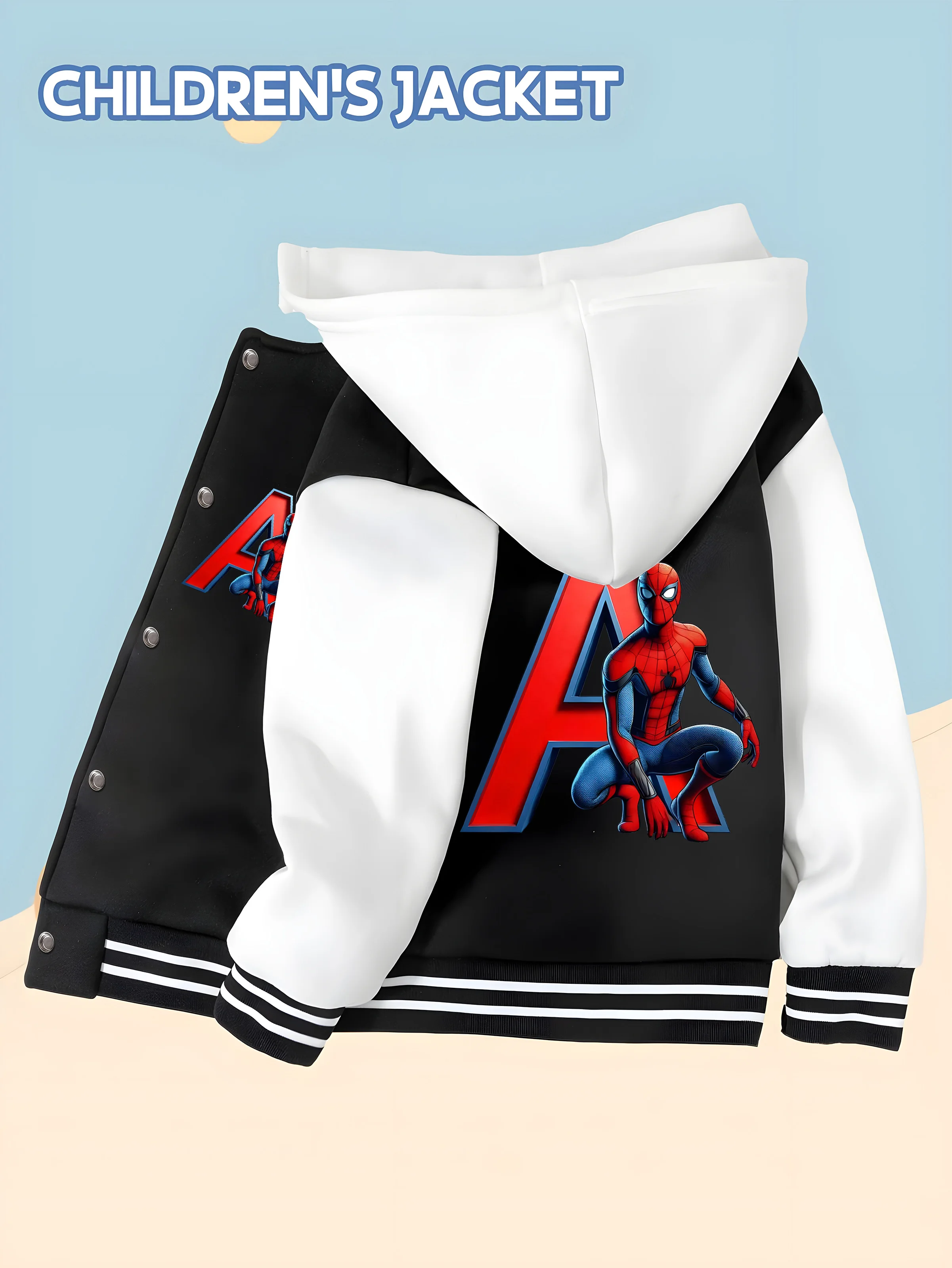 

MINISO Marvel Spider-Man children's baseball jacket with cool hero prints, black and white contrast, trendy and childlike, comfo