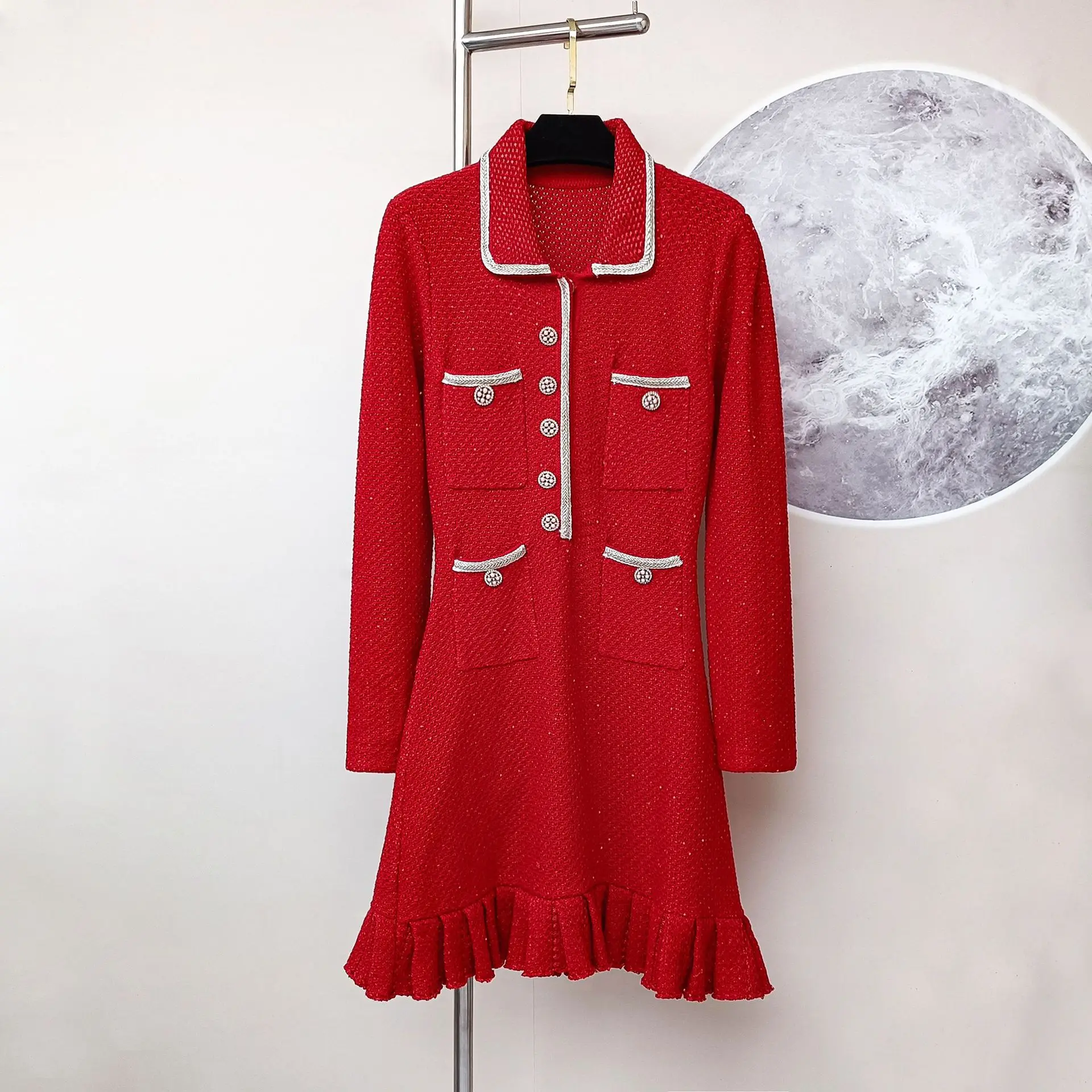 ZJYT Runway Designer Autumn Winter Knitting Sweater Dresses for Women 2024 Fashion Long Sleeve Red Short Party Dress Vestidos