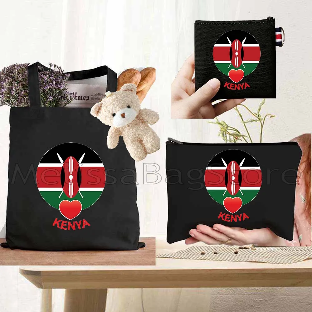 

4PCS Gifts Set Kenya Heart Flag Black Canvas Tote Bag Handbag with Doll Key Coin Purse Cosmetic Makeup Toilet Bag Case Pouch