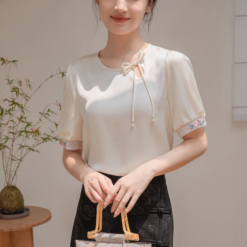 New Short Sleeve O-Neck Women Blouse Embroidery Casual Chiffon Blouse Shirt Women Tops  Blusas Mujer De Moda 2024 Verano J128