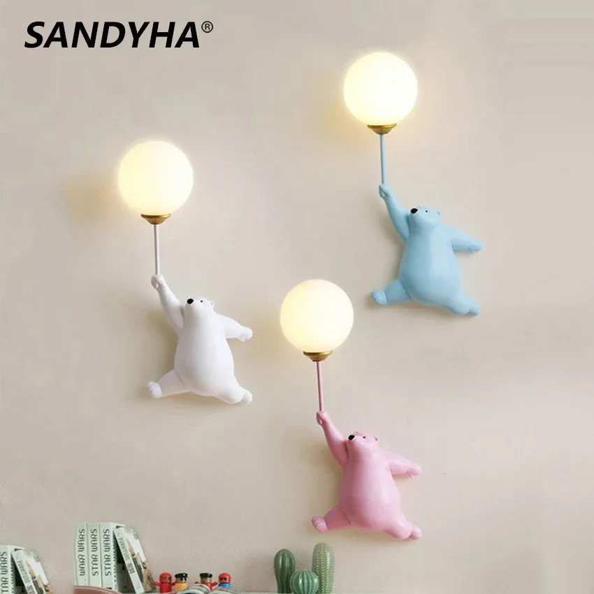 SANDYHA Bear Led Wall Lamp Children's Room Moon Ball  Lights Kids Girl Bedroom Bedside Home Decoration Corridor Nursery Sconces