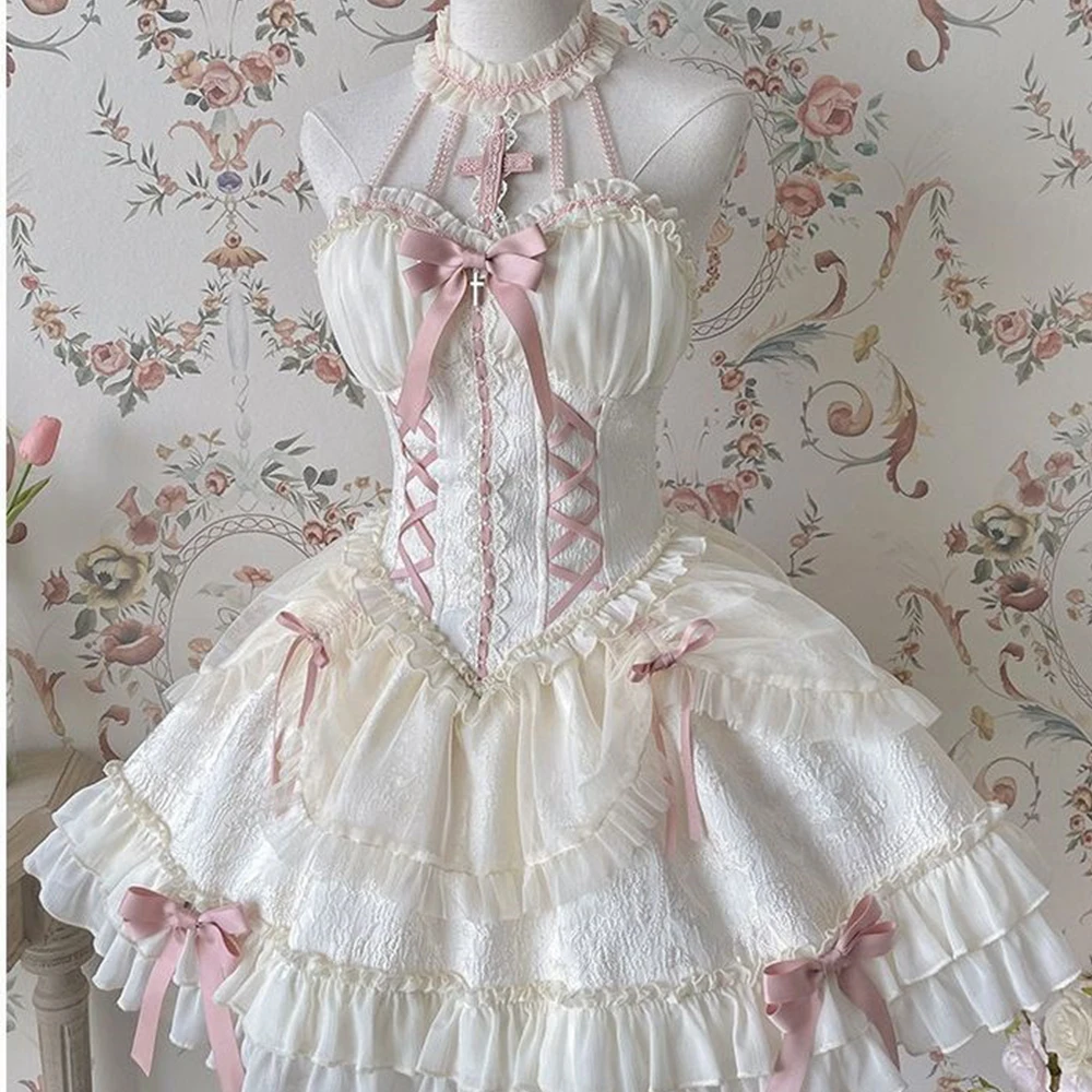 

Harajuku Lolita Gothic Camisole Dress Sexy Off Shoulder Long Sleeved Vest Mujer 2026 Summer New Style Slim Fit Women's Bow Dress
