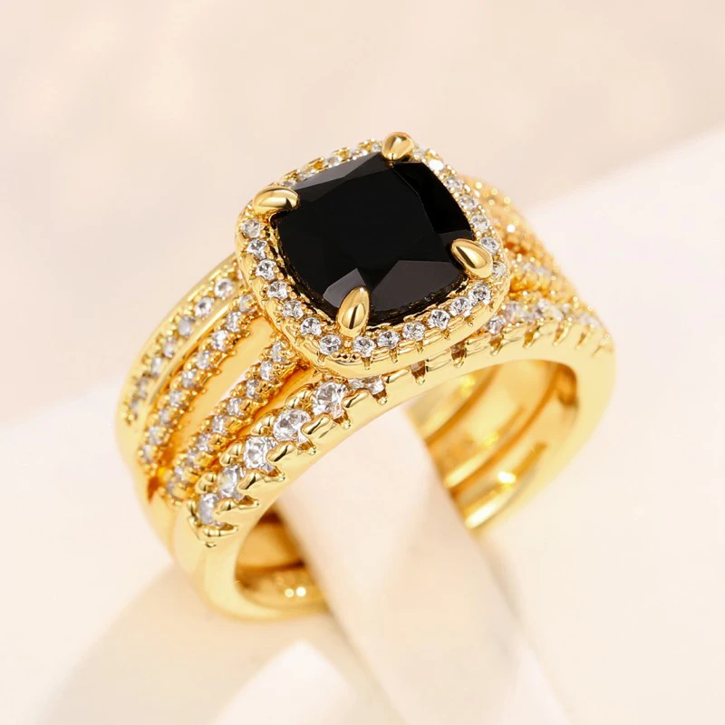 Huitan Elegant Cushion Black Cubic Zirconia Set Rings Luxury 3Pcs Accessories for Women Modern Design Wedding Fashion Jewelry