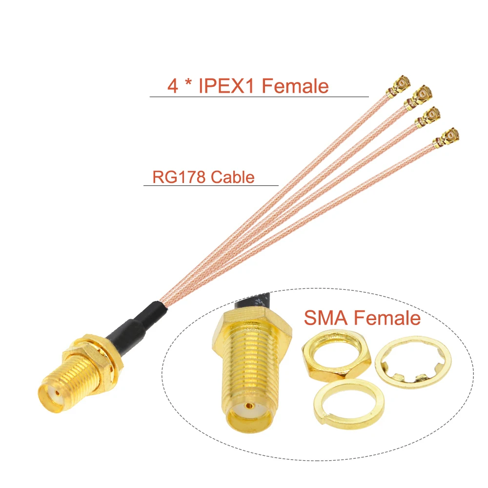 1PCS 1 to 4 SMA IPX Splitter Cable RP-SMA / SMA Female to 4 x U.fl 1 Female RG178/ RF1.13 WIFI Antenna Extension Jumper