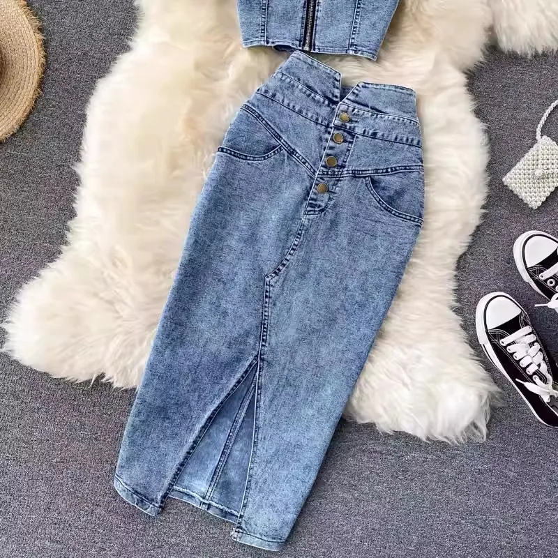 Modisches Skinny High-Waist Ärmelloses Crop-Top 2-Teiliges Jeansrock-Set Damen 2026 Sommer Streetwear Zweiteiler – Detail 6