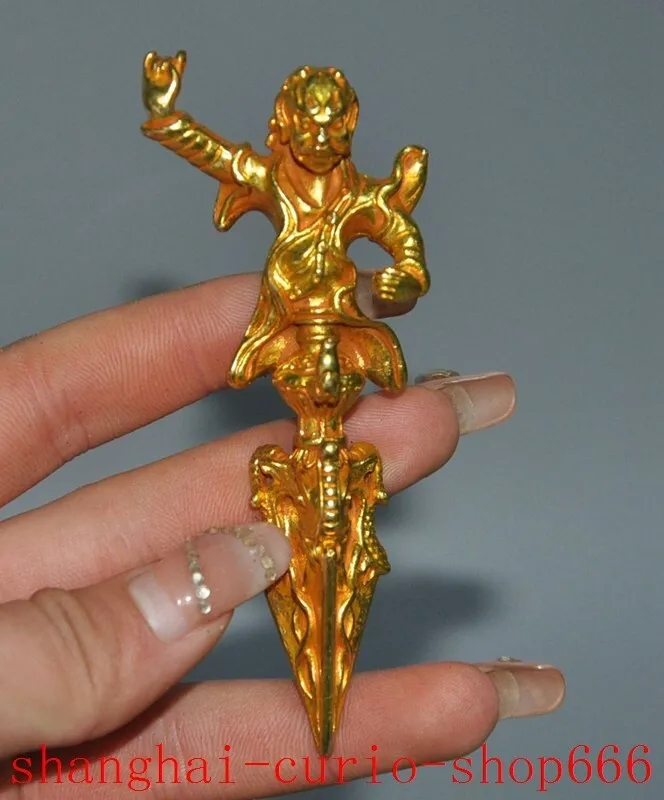

3 "Dynasty Bronze 24k Gold Plated Temple Buddha Vajra Phurpa Equipment faqi-Natural materials