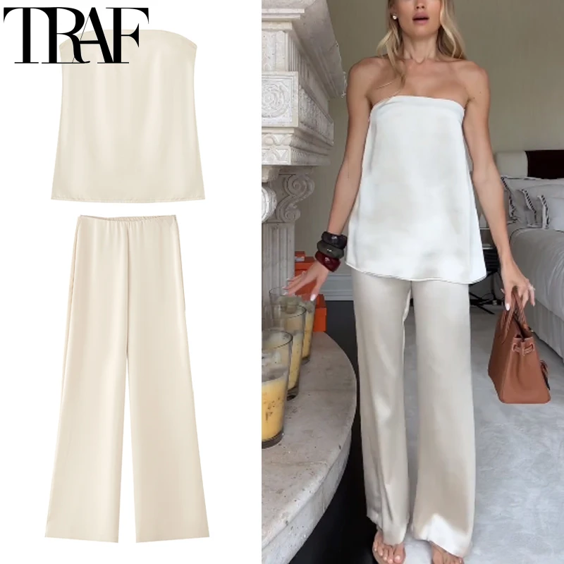 

TRAF Pants Set 2 Piece Woman Wide Pants Smooth Sets Strapless Tanks & Camis Women's Set Two Pieces Crop Top And Bottom Set 088