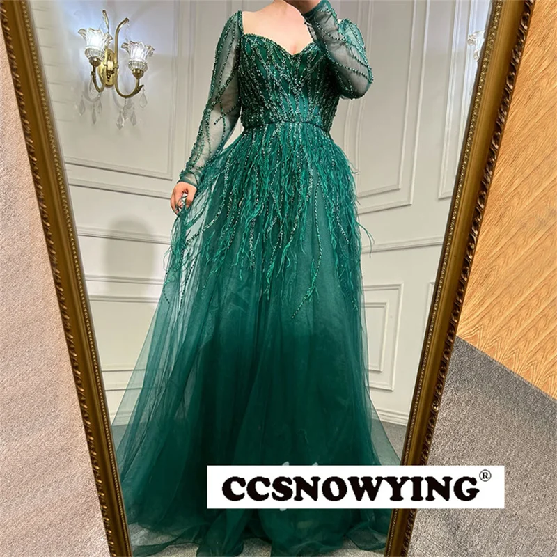 Luxury Tulle Appliques Beaded Feather Evening Dresses Long Sleeve Women Formal Party Gowns Arabic Kaftan Robes De Soirée