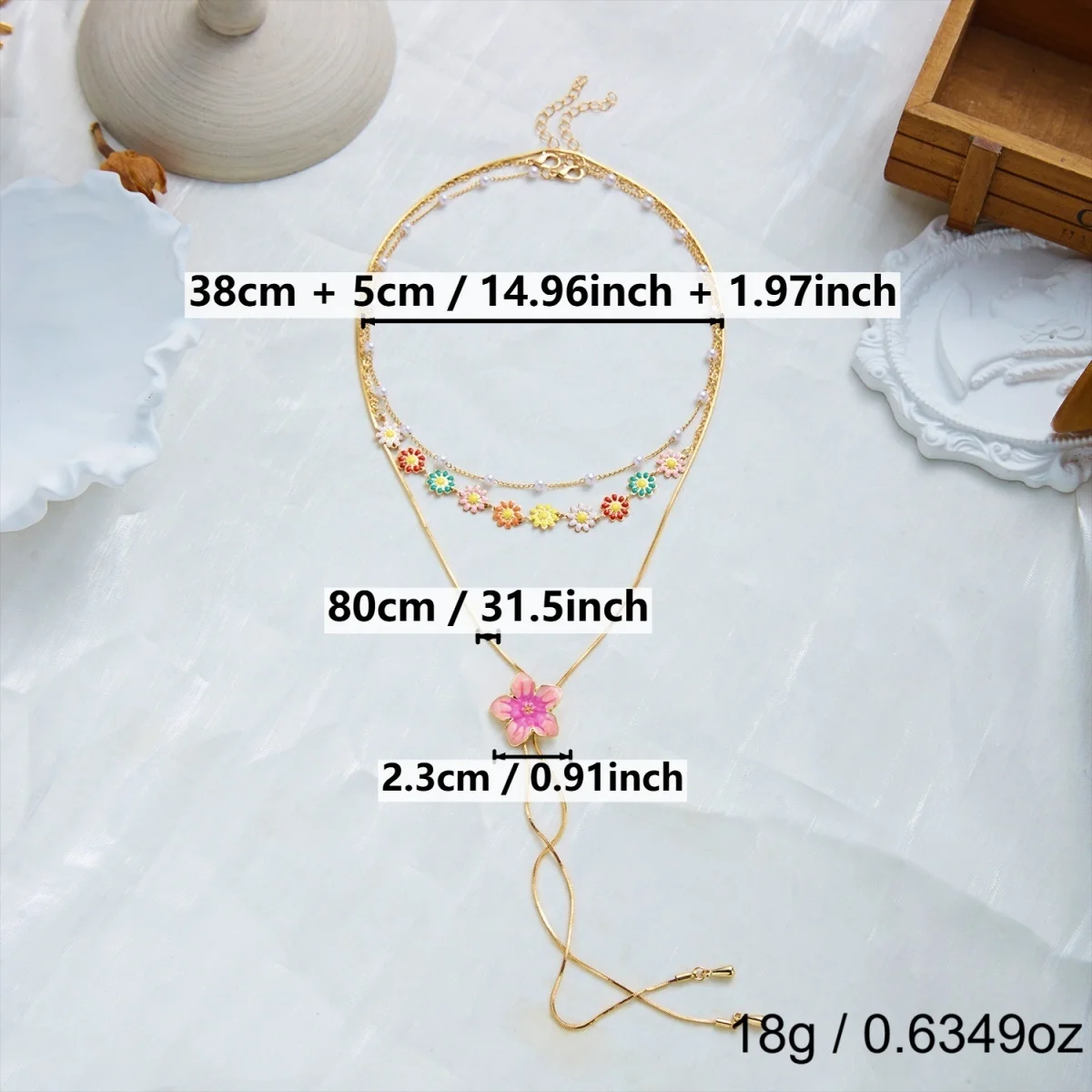 Süße, bunte Emaille-Halskette mit winzigen Gänseblümchen, Schlangenkette, Y-förmiger Quaste und simulierten Perlen für Damen, florales Choker-Schmuckstück – Detail 29