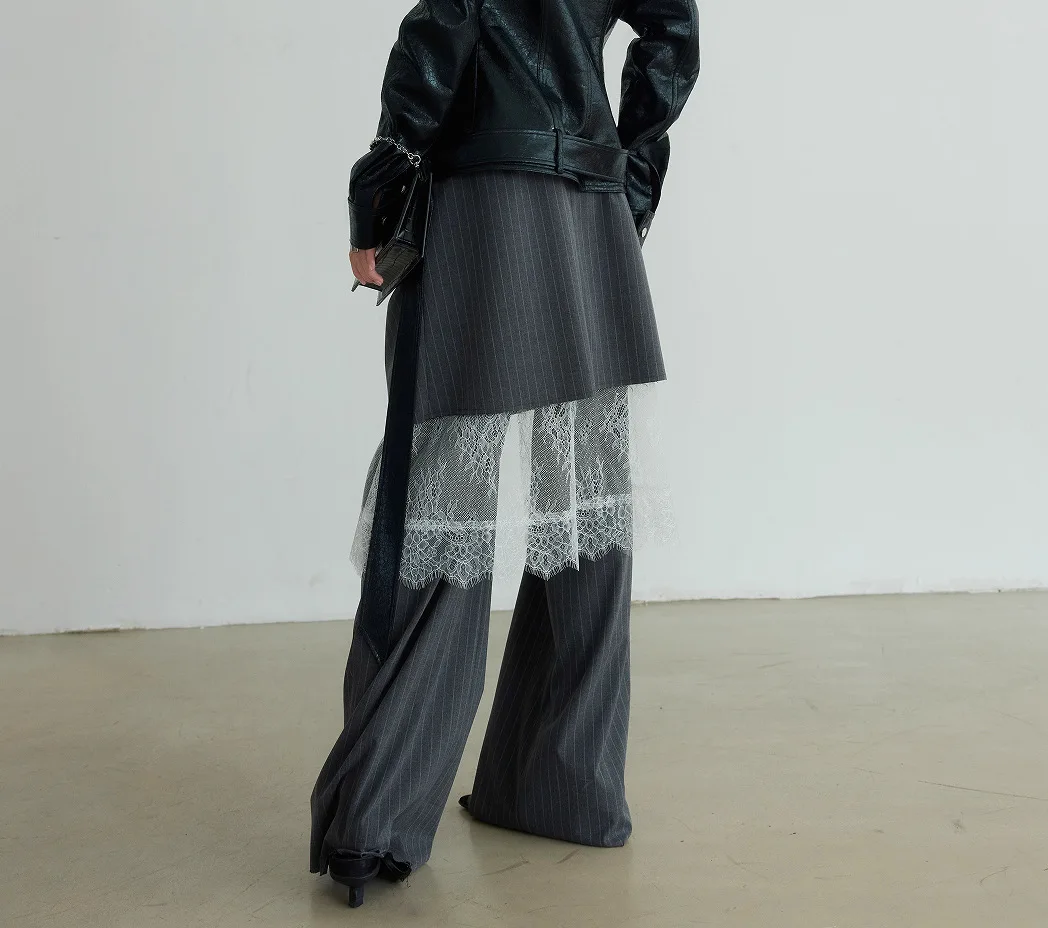 Straight Pants Suit Elegant Women Modern Three Piece Long Lace Skirts Slit Luxury Designer Evening Striped Trousers Wide Slacks