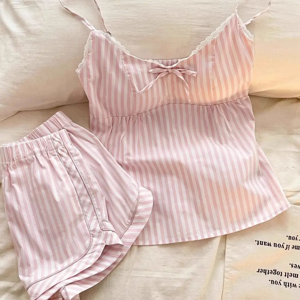 Bowknot Lace Stripe Pajama Suit Slim Fit Sleeveless Camisole Shorts Nightwear Loose Women Sleepwear Two Pieces Pajama Sets Home