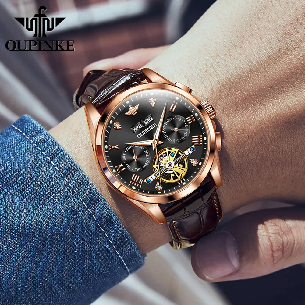 OUPINKE 3186 Roman Scale Mechanical Watch For Men Top Brand Waterproof Wristwatch Hollow Flywheel Calendar Original Man Watches