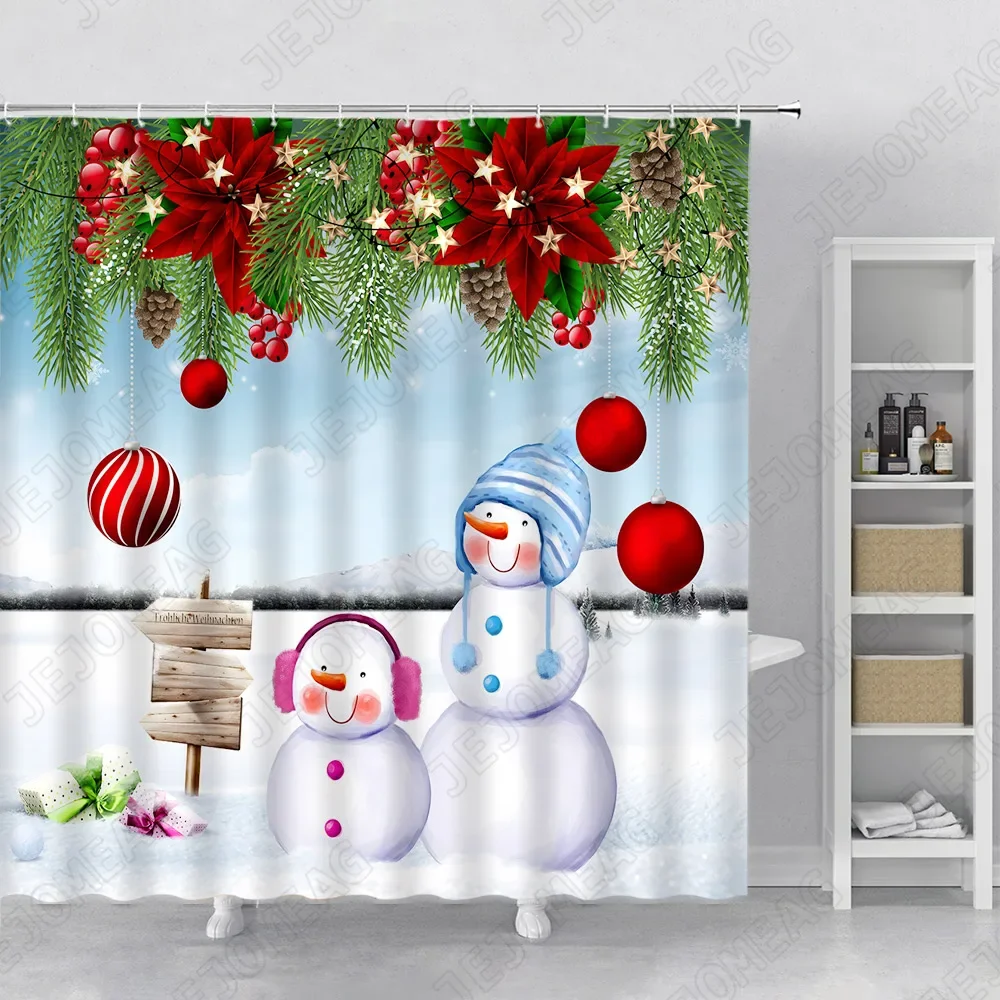 Snowman Ball of Rope Shower Curtain Winter Scenery Christmas Theme Home Bathroom Decoration Bathroom Accessory Set Bath Curtain