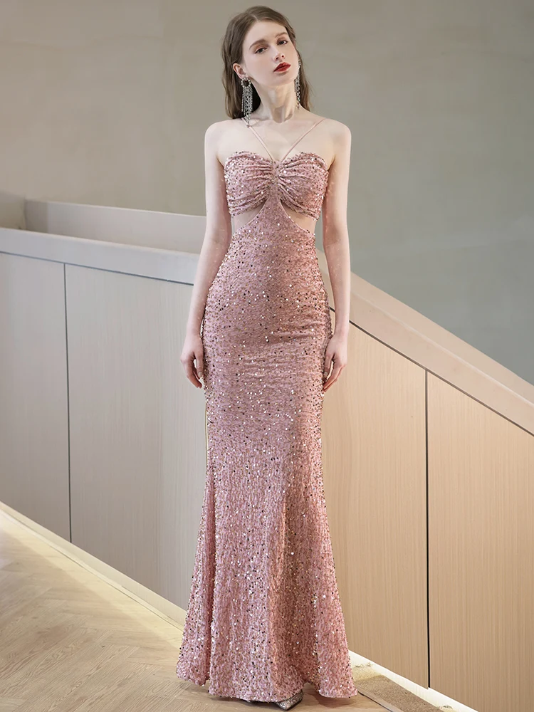 

Pink Sequin Evening Dr Women's Fi Tail Drinking Dr Sexy Personali Dr ter Ne Long Gown for Wedding Par