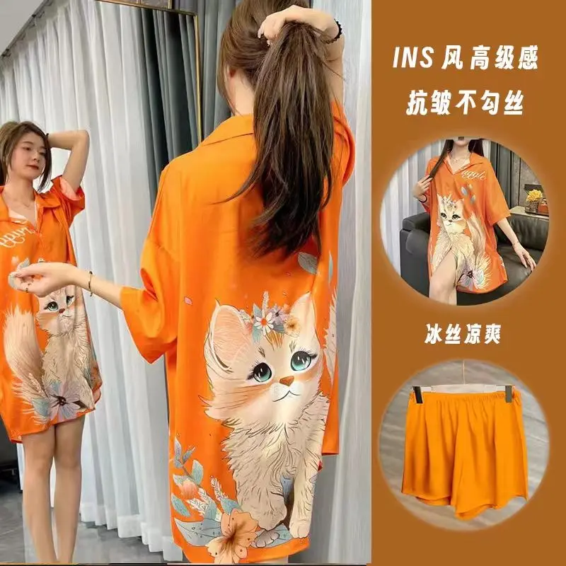 Cartoon cat print Ice silk nightdress women\'s summer thin short sleeve loose shirt shorts pajamas women\'s two sets of home wear