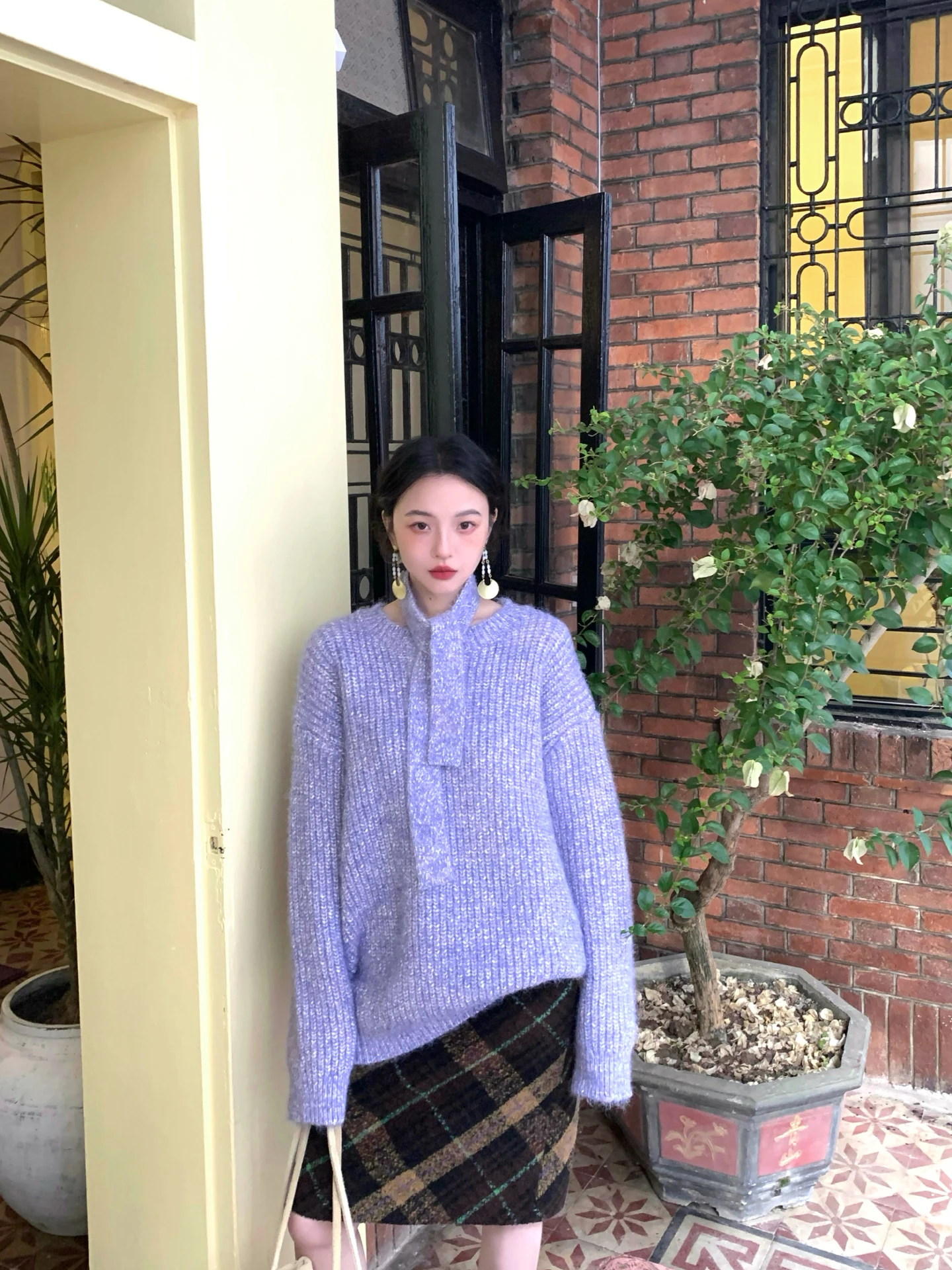 

Ele Vintage Loose Fit Soft Cozy Sweater with Scarf Lazy Feel Cotton Blend Knitted Long Sve round Ne Warm Women's Fas...