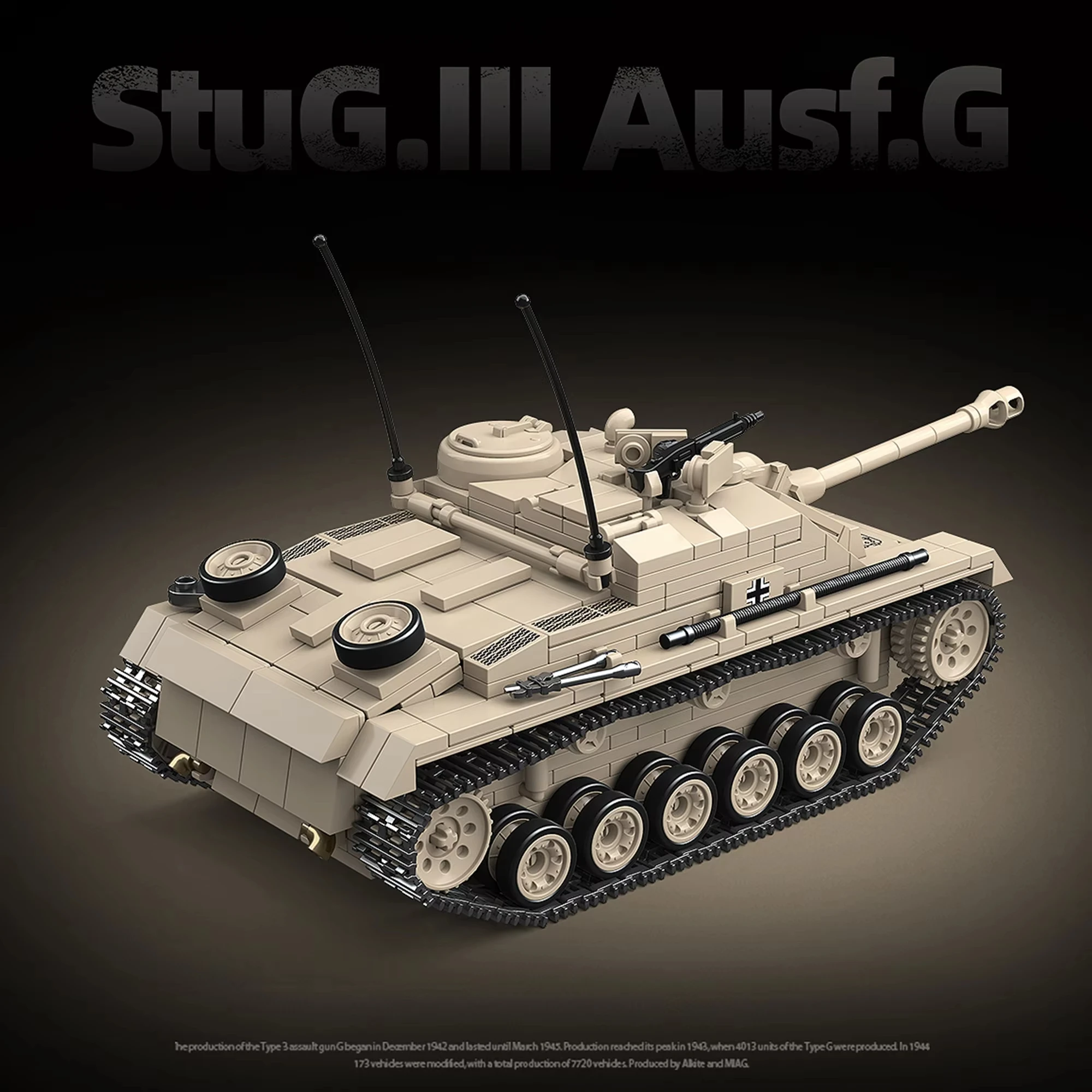 WW2 النموذج الكلاسيكي العسكري Sturmgeschütz III Ausf. مكعبات بناء دبابة G مع 4 جنود وألعاب أسلحة لهدايا عيد الميلاد للأطفال