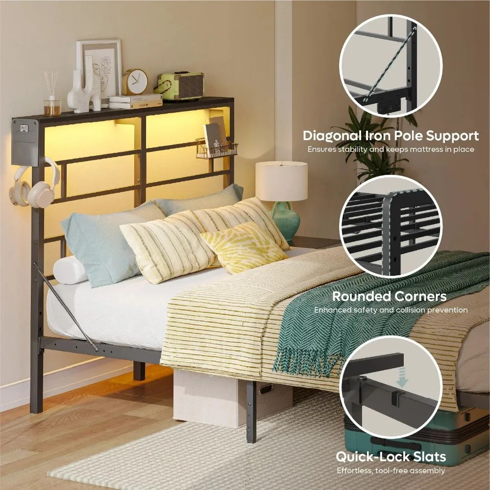 Queen Size Metal Platform Bed Frame with LED Headboard & Charging Station, Adjustable Under Bed Storage, RGB Light Strips, Beds image 3