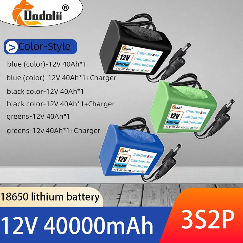 18650 3S2P 12V 40000mah Original Lithium Ion Battery DC 12.6V 40Ah Rechargeable CCTV, Camera Monitor Replacement Battery+Charger