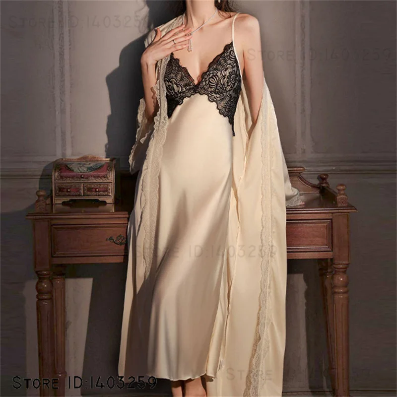 French Style Femlae Long Home Dress Nightgown 2PCS Robe&Gown Set New Silky Satin Sleepwear Lace Patchwork Nightdress Lingerie