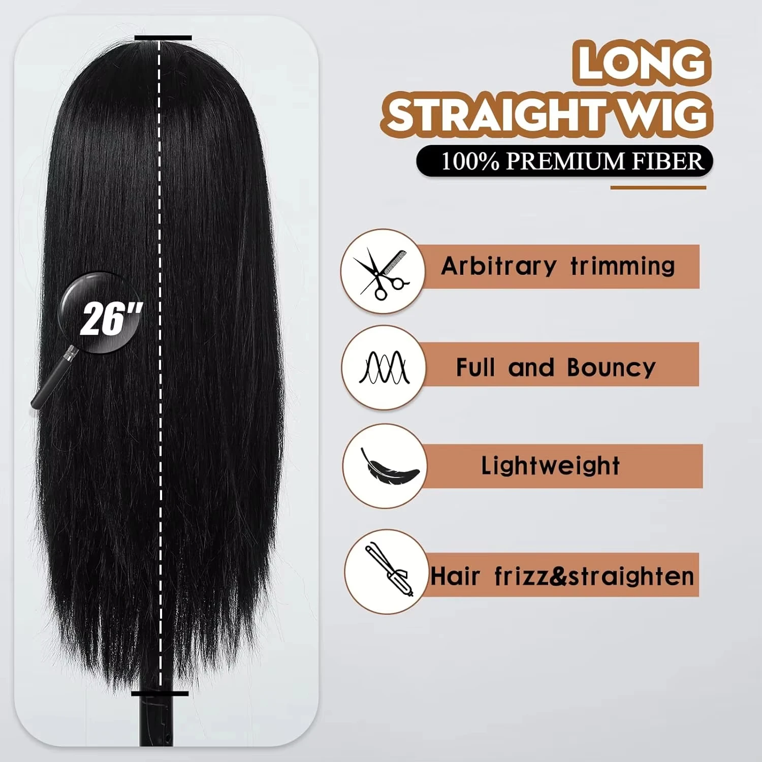 شعر مستعار أسود للنساء، شعر مستعار أسود طويل مستقيم مع غرة، شعر صناعي طبيعي للاستخدام اليومي للحفلات، شعر مستعار من الألياف المقاومة للحرارة #5