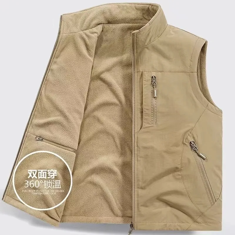 

2025 Мужской двусторонний утолщенный флисовый жилет-стойка с несколькими карманами для улицы