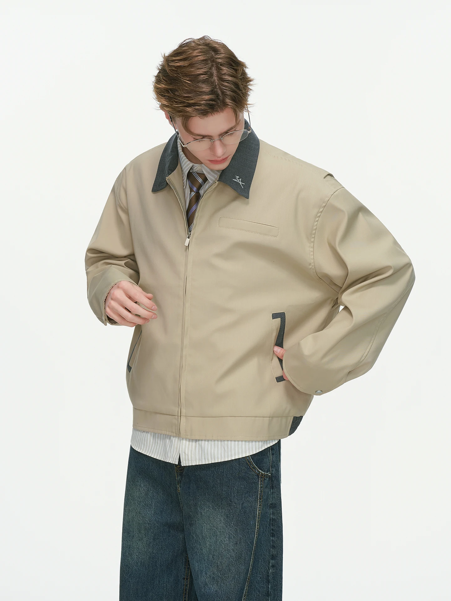 American Contrast Color Barn Style Men's Workwear Jacket Short Boxy Autumn New Fashion Polyester Blend Long Sleeve Zipper Jacket