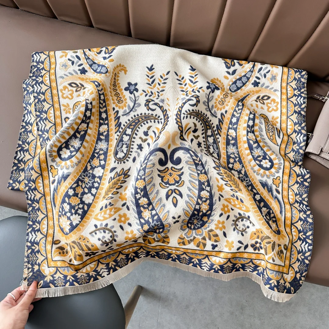 

Толстый женский зимний шарф из искусственного кашемира, новый двусторонний жаккардовый шарф контрастного цвета с цветком кешью в стиле ретро, шаль в этническом стиле