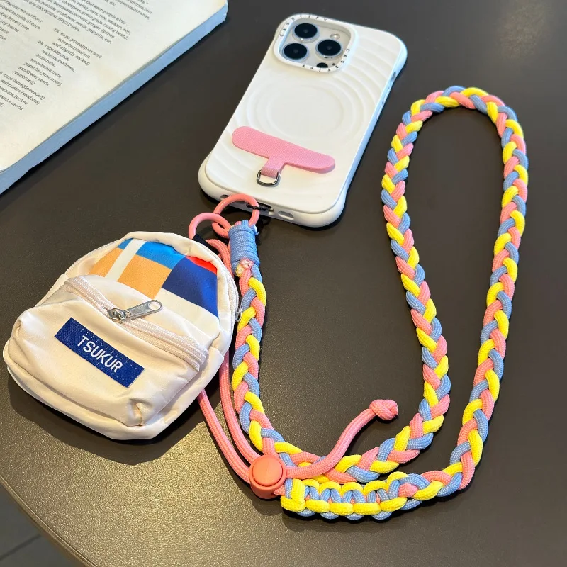 Mobile phone lanyard, crossbody, adjustable, shoulder and back woven rope, key, earphone storage, backpack hanger