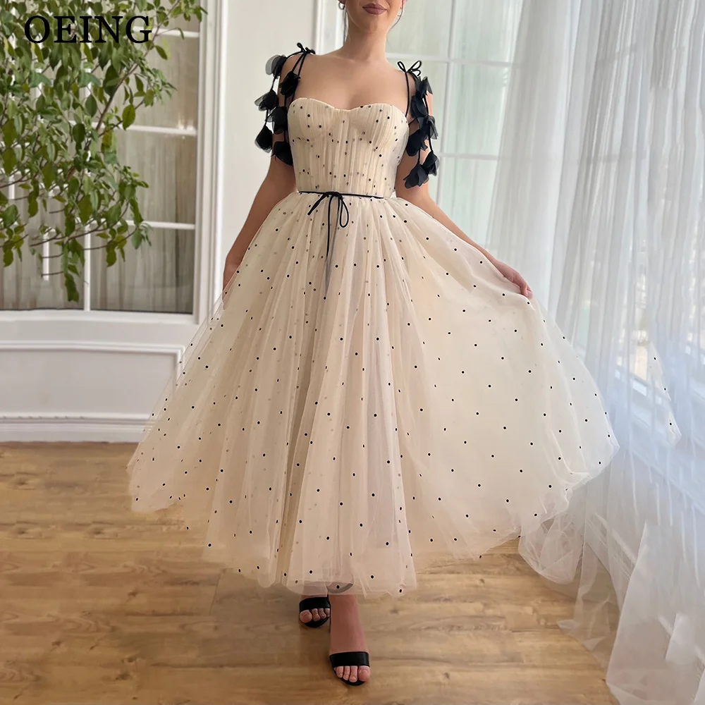 

OEING A-Line Prom Dresses Embroidery Sleeveless Dotted Tulle Homecoming Party Gowns for Women Ankle Length Evening Dresses