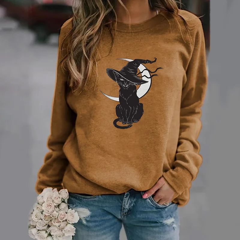 Horror Black Cat Pullover Witch Hat Moon Black Cat Harajuku Sweatshirt Women\'s Long Sleeve Round Neck Black Cat Top