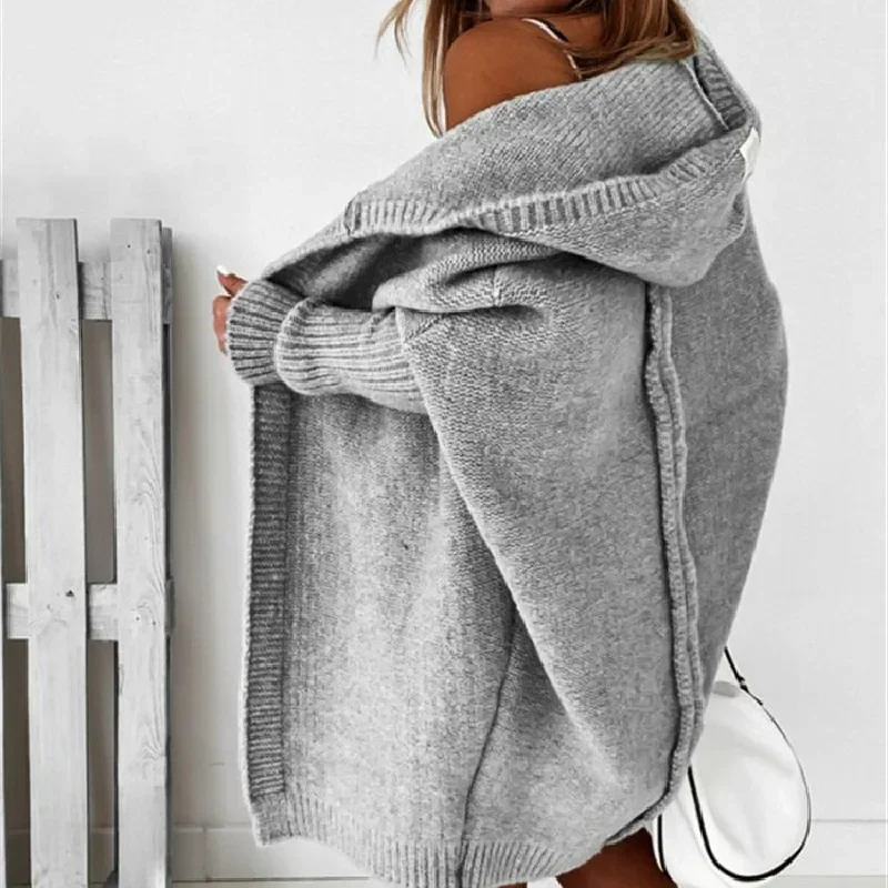 Hooded Cardigan Sweater Women Fall Fashion Bat-shaped Soft Loose Back Stitching Knitted Clothing