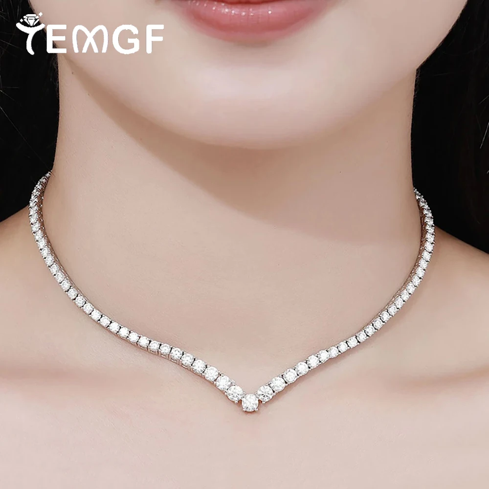 

TEMGF Full Moissanite Tennis Necklace for Woman V Style Wedding Party Neckchain 925 Sterling Sliver 18K Plated GRA Certification