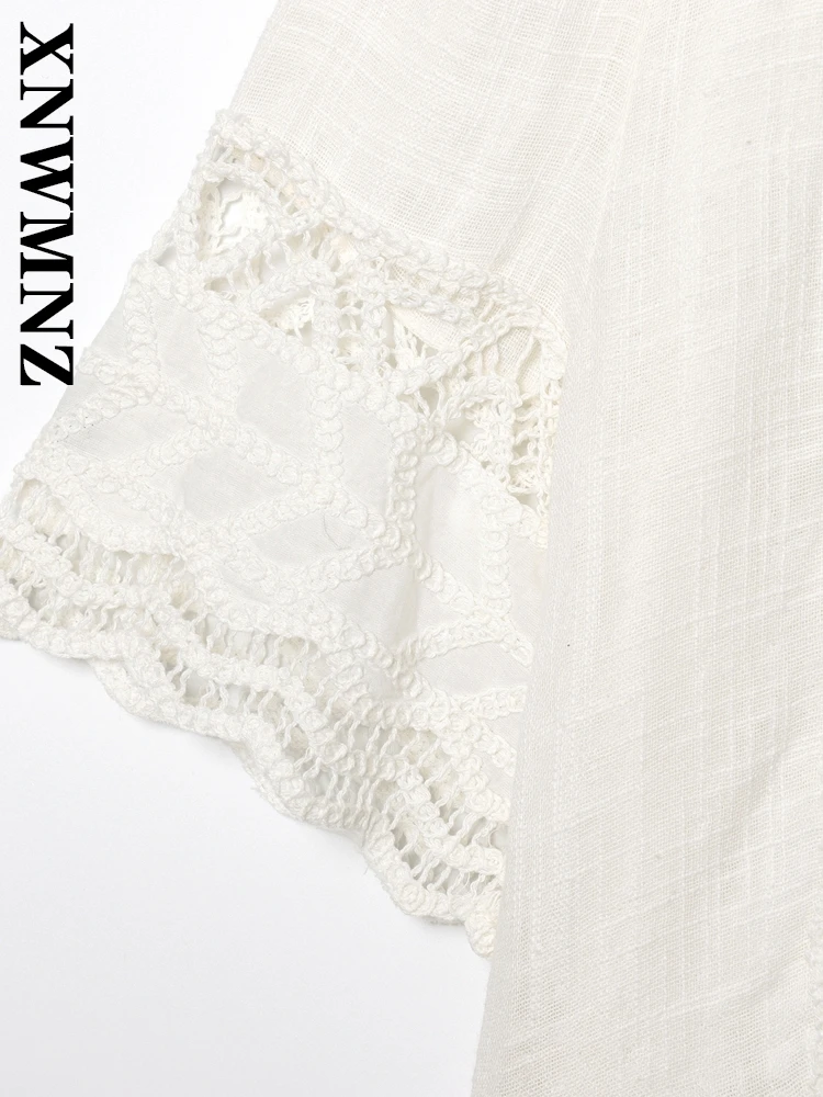 XNWMNZ 2025 ملابس نسائية صيفية أنيقة غير رسمية بياقة واقفة قميص كروشيه بسيط للسيدات بأكمام قصيرة بلوزة كلاسيكية بأكمام قصيرة