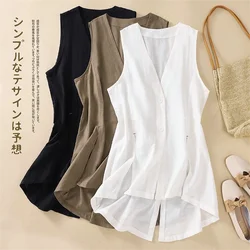 2023 New Women Cotton and Linen Vest Fashion Lady Solid Vests Big Size Female Slim Sleeveless Coat Jackets Paragraph Midi WZ2236