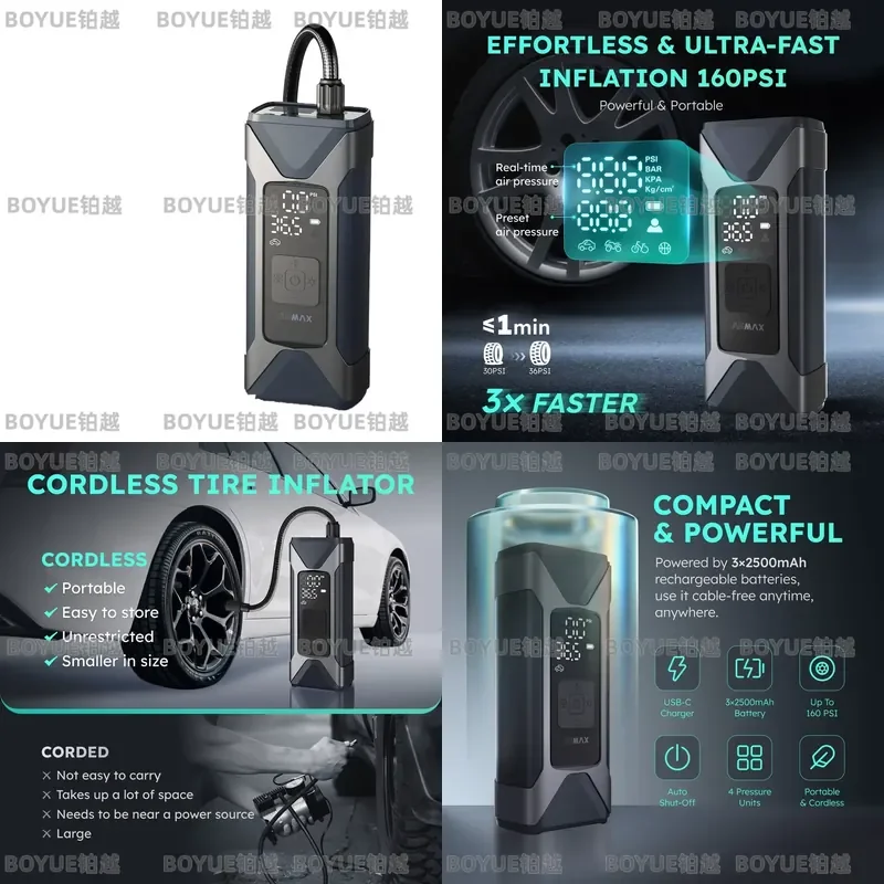Mini Portable Electric Air Compressor 7500mAh 160PSI Type C LED Light Wireless Tire Inflator Pump for Car Motorcycle Bike